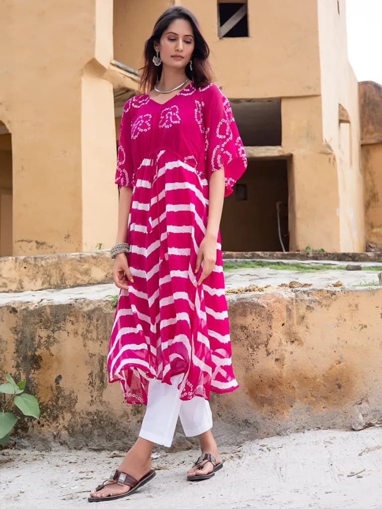 PINK AND WHITE BANDHANI SILK BLEND KAFTAN