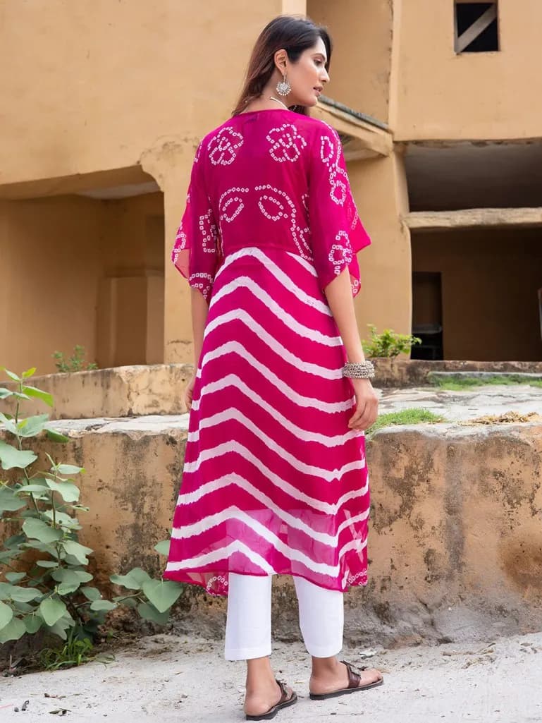 PINK AND WHITE BANDHANI SILK BLEND KAFTAN