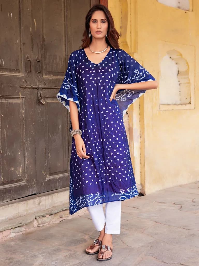 BLUE BANDHANI SILK BLEND KAFTAN