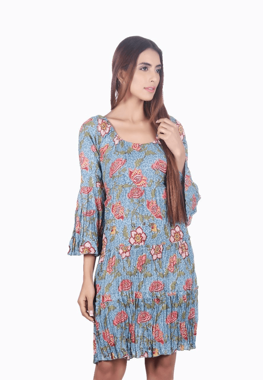BLUE FLORAL PRINT BELL SLEEVES DRESS