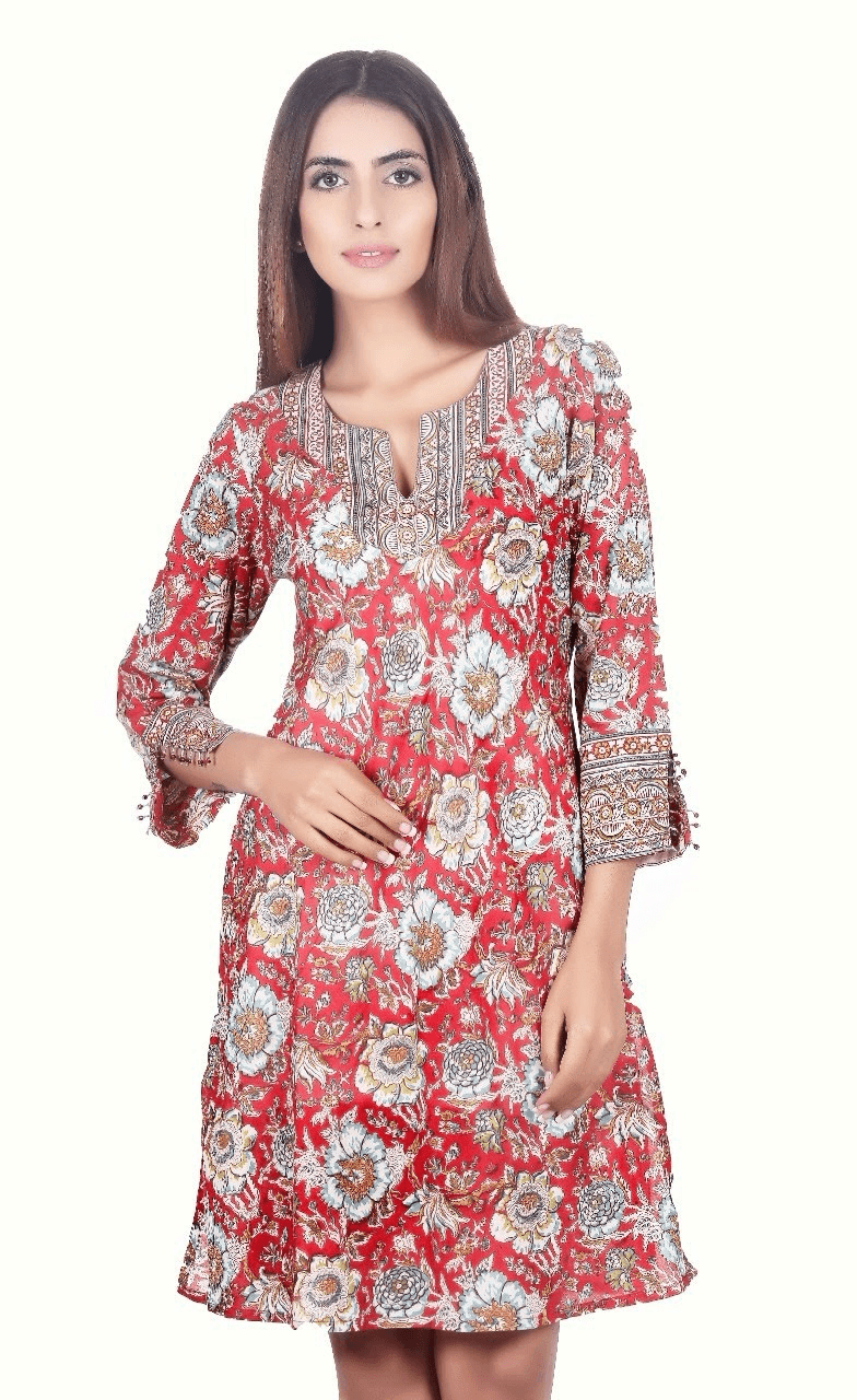 RED TRADITIONAL FLORAL PRINT SHORT DRESS