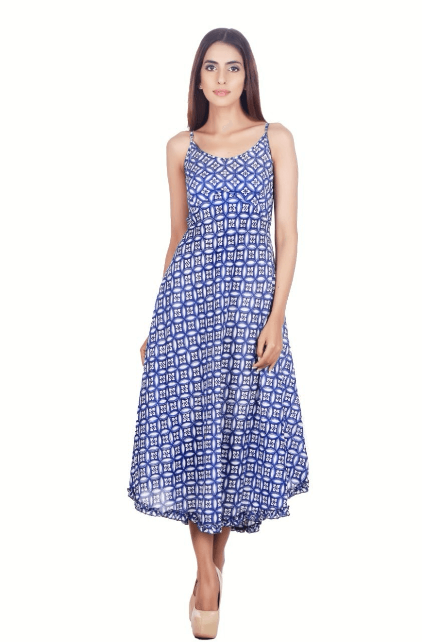 BLUE WHITE TRADITIONAL PRINT DRESS