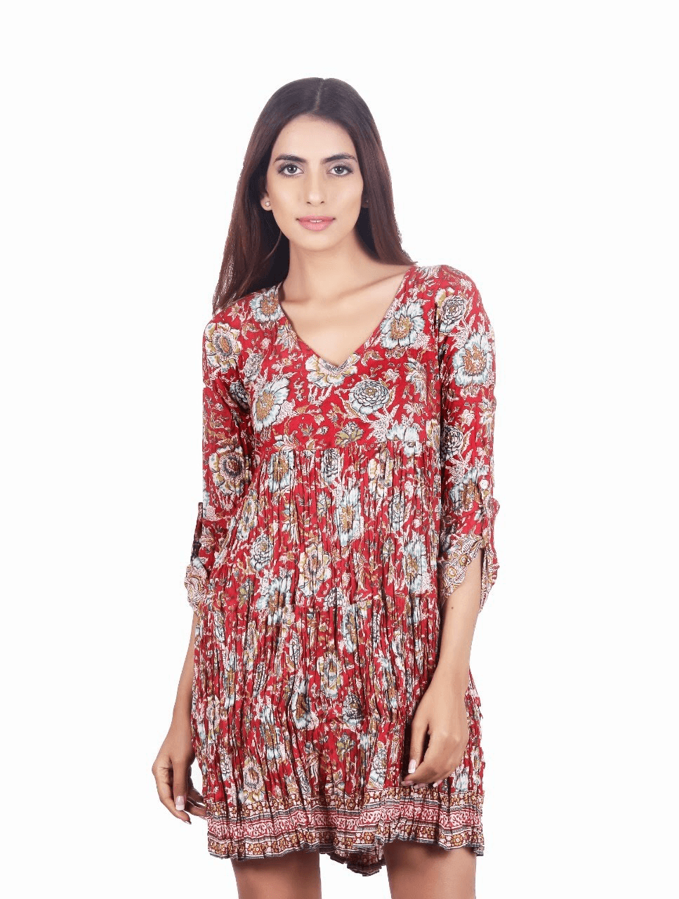 RED FLORAL PRINT SHORT FLARED DRESS
