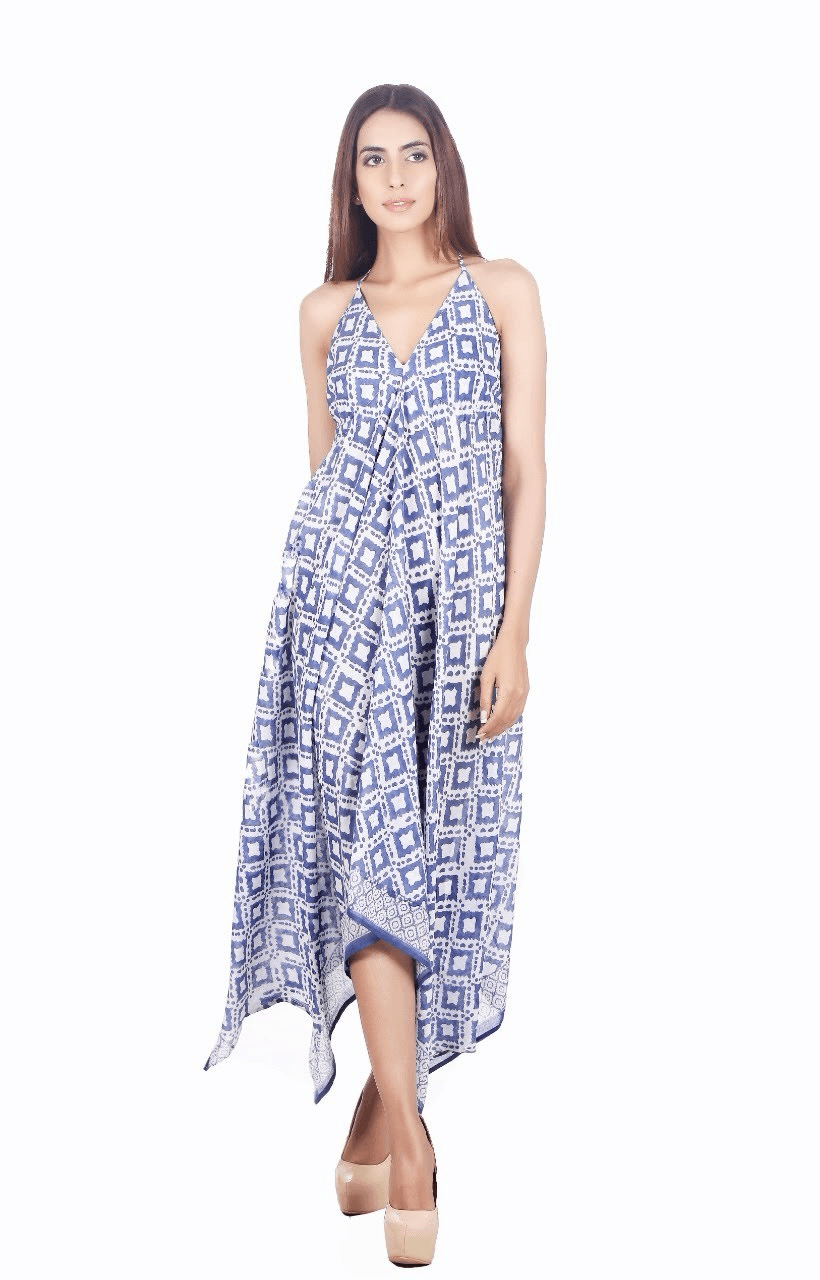 BLUE V NECK IKAT PRINT MAXI DRESS
