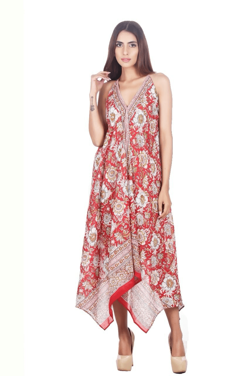 RED V NECK TRADITIONAL PRINT MAXI DRESS