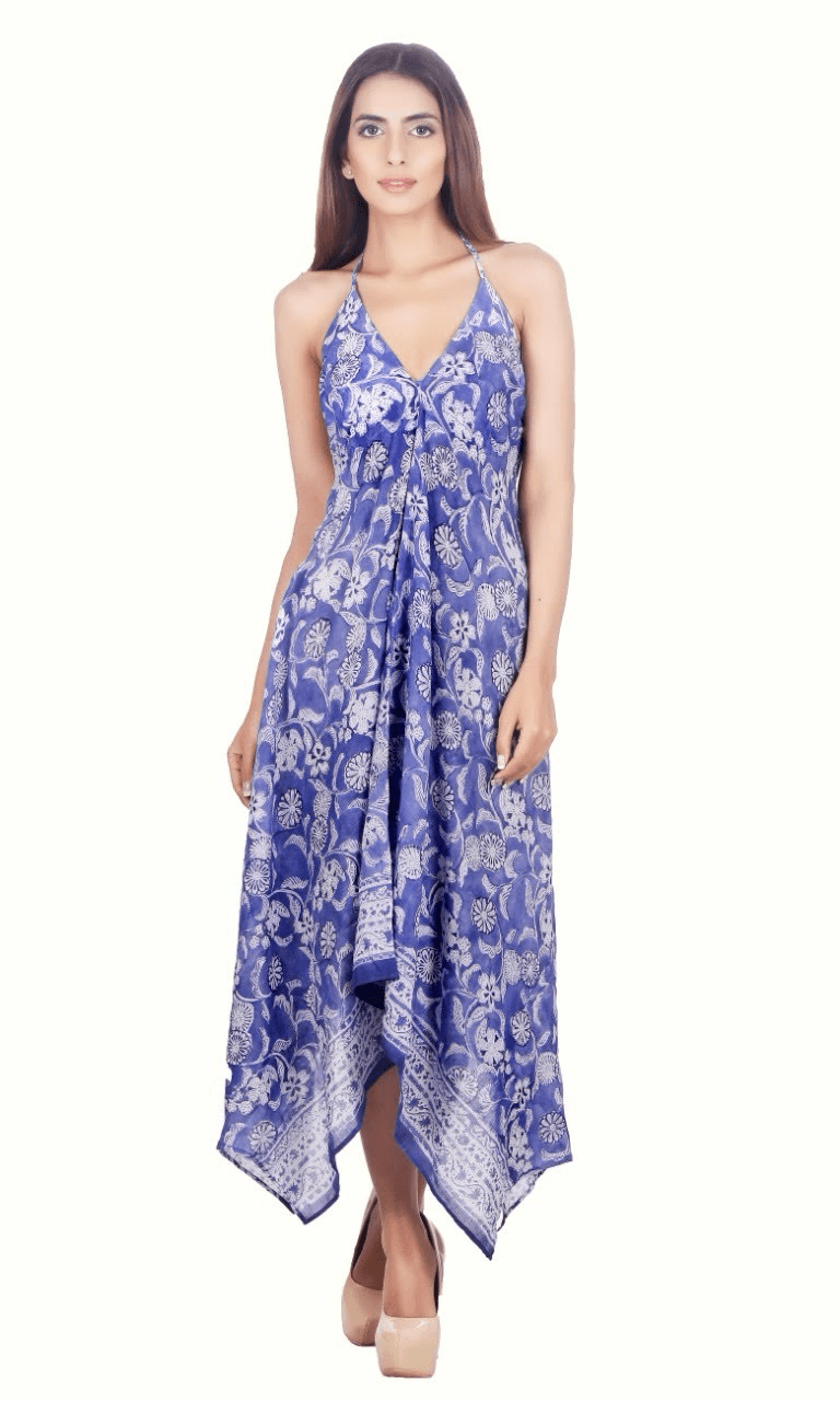 BLUE V NECK BATIK PRINT MAXI DRESS