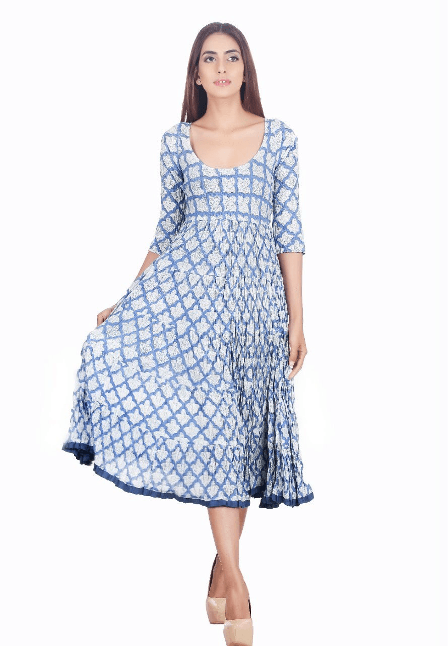 BLUE TRADITIONAL PRINT FLARED MAXI DRESS