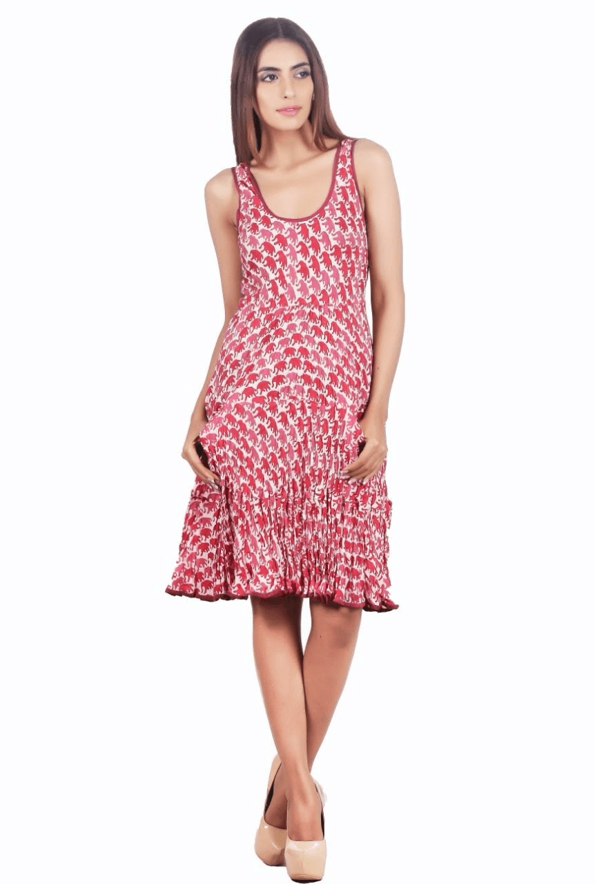 RED ELEPHANT PRINT TIRED DRESS WITH POCKET