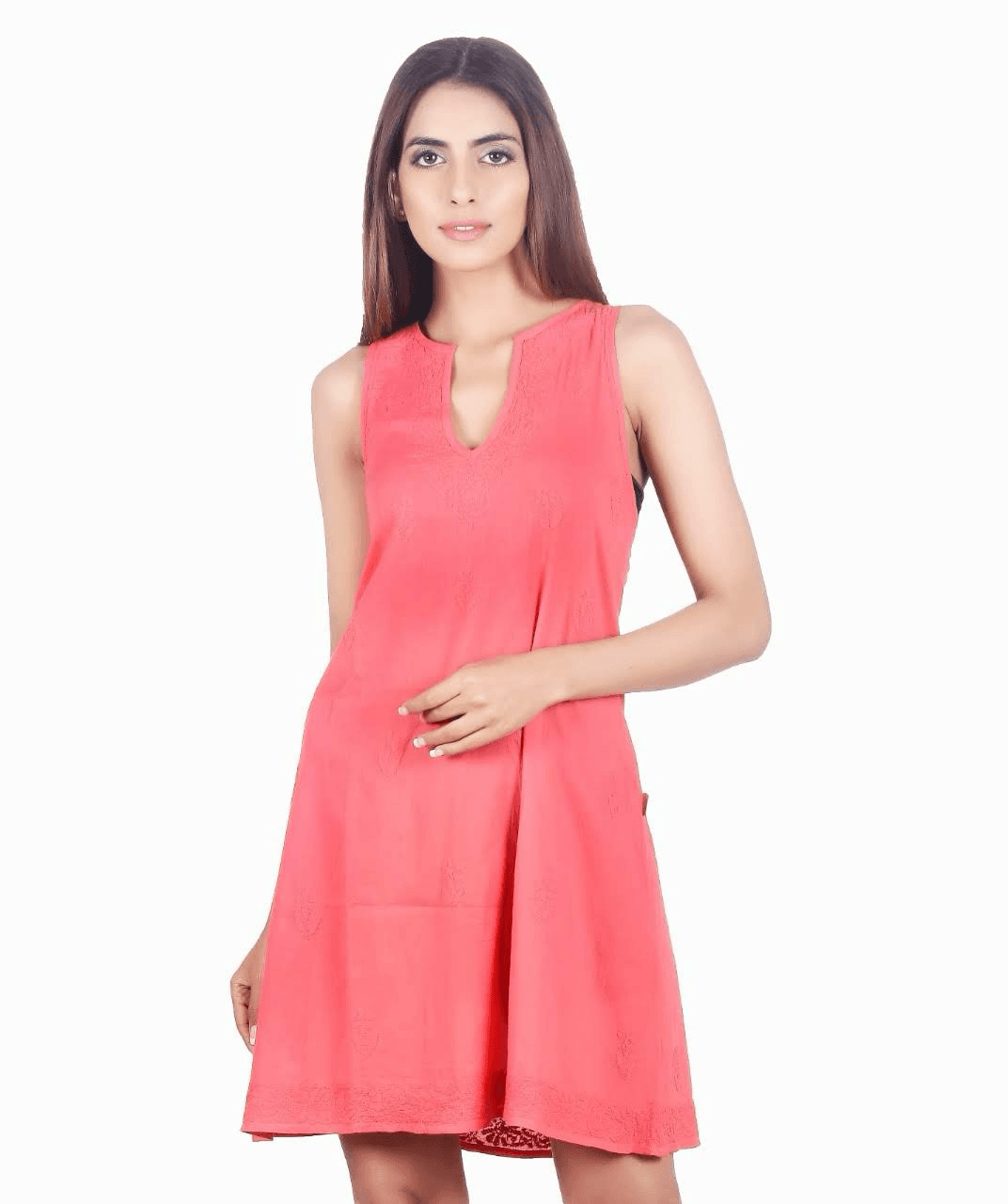 COTTON SPLIT V NECK  TUNIC DRESS