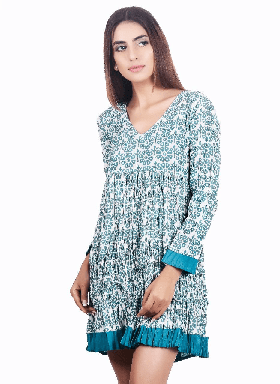 BLUE BLOCK PRINT COTTON TUNIC DRESS