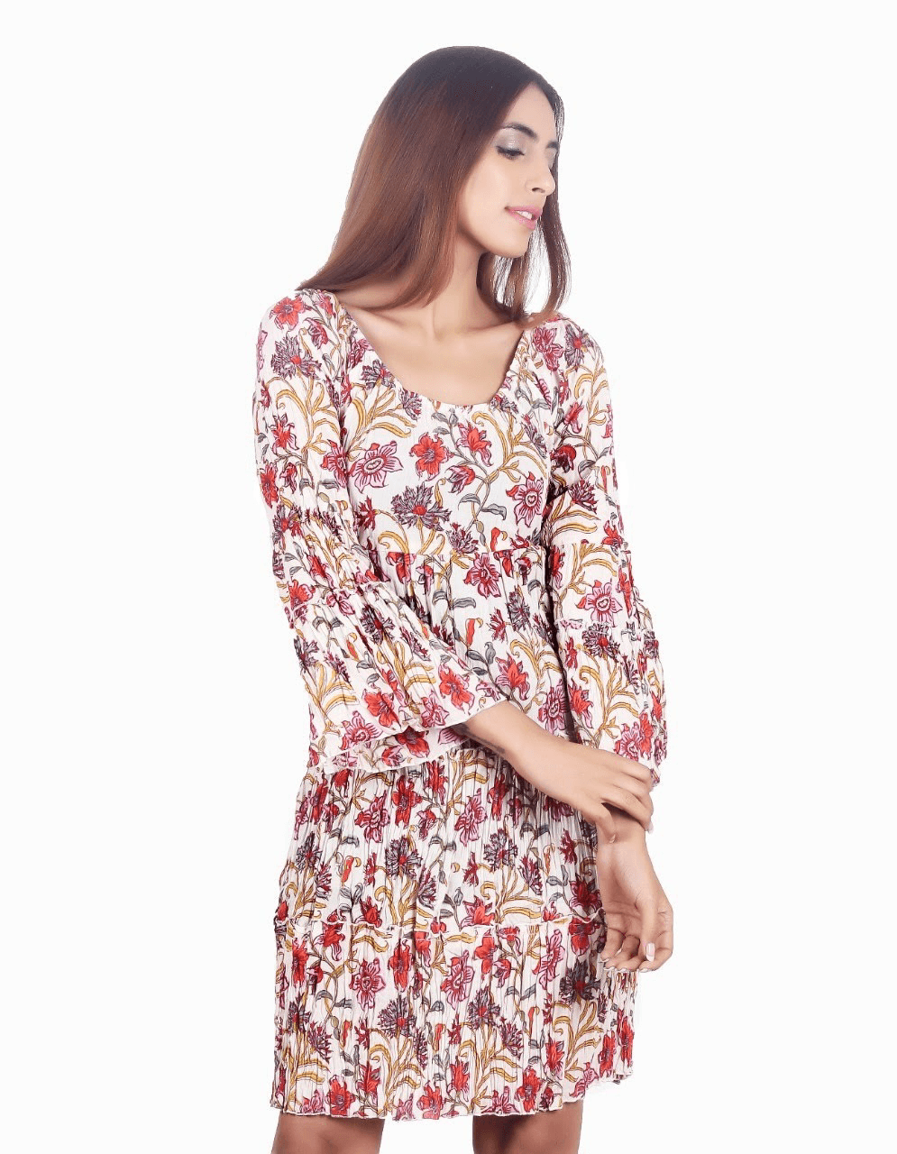 WHITE FLOWER PRINT COTTON TUNIC DRESS