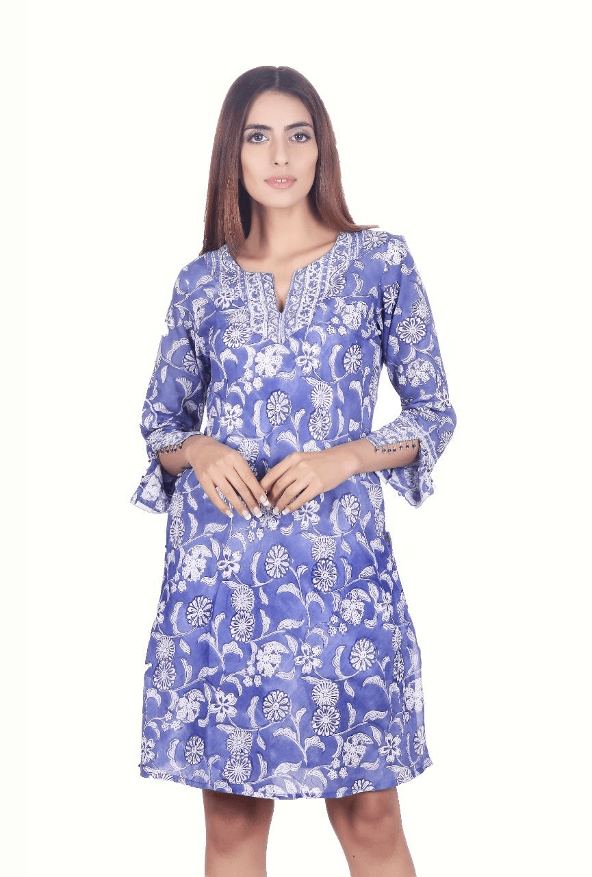 BLUE BATIK PRINT LOOK COTTON FIT TUNIC DRESS