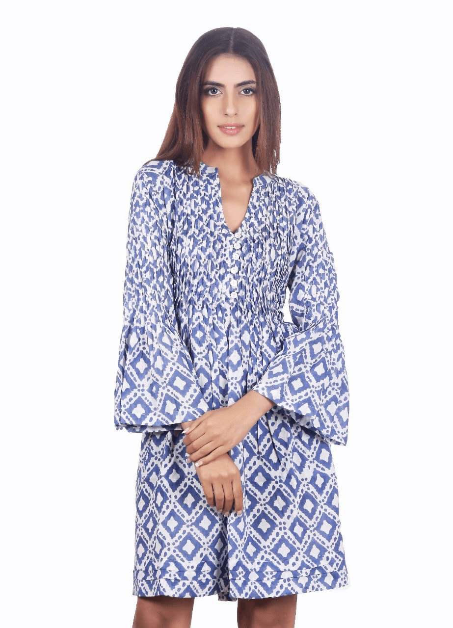 BLUE DIAMOND PRINT  COTTON FIT AND FLARE TUNIC DRESS