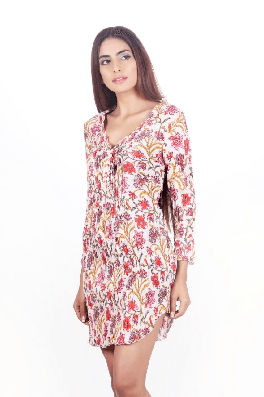 WHITE FLOWER PRINT COTTON FIT TUNIC DRESS
