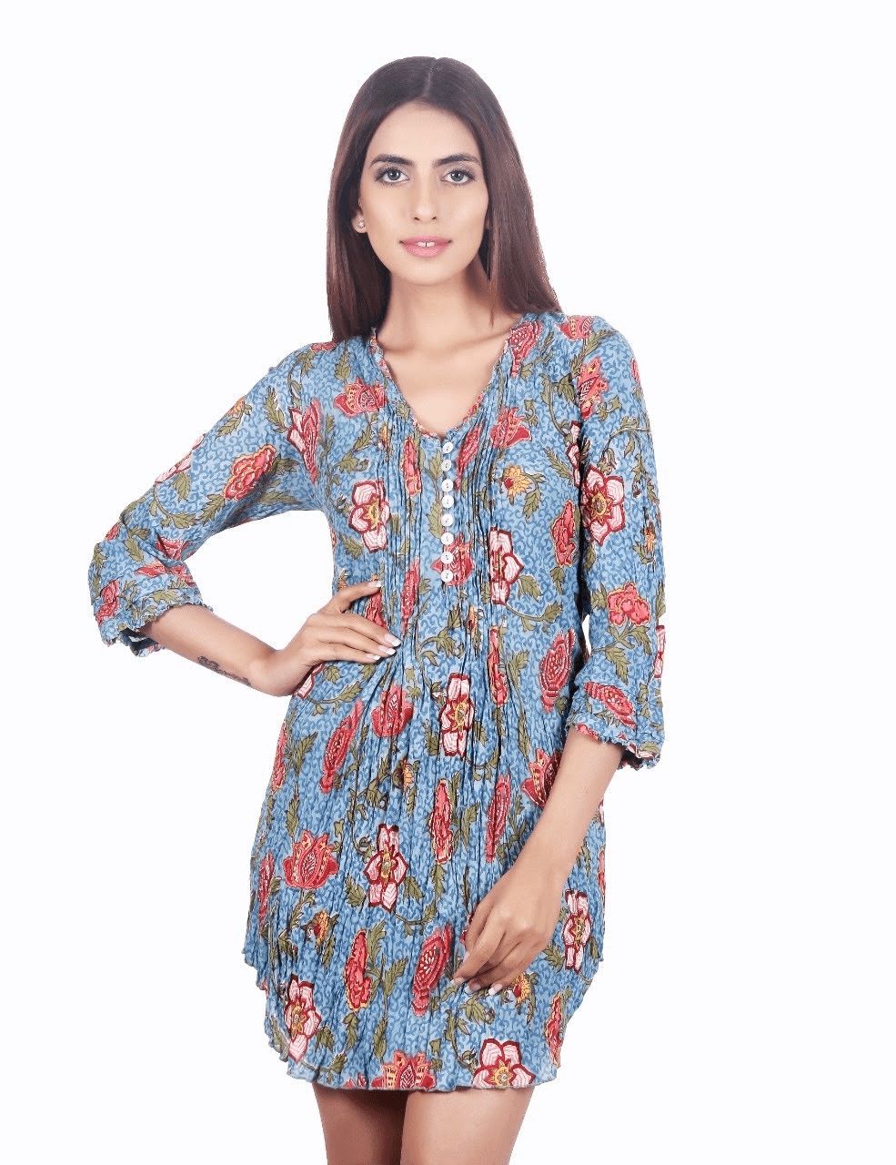 BLUE RED FLOWER PRINT COTTON FIT TUNIC DRESS