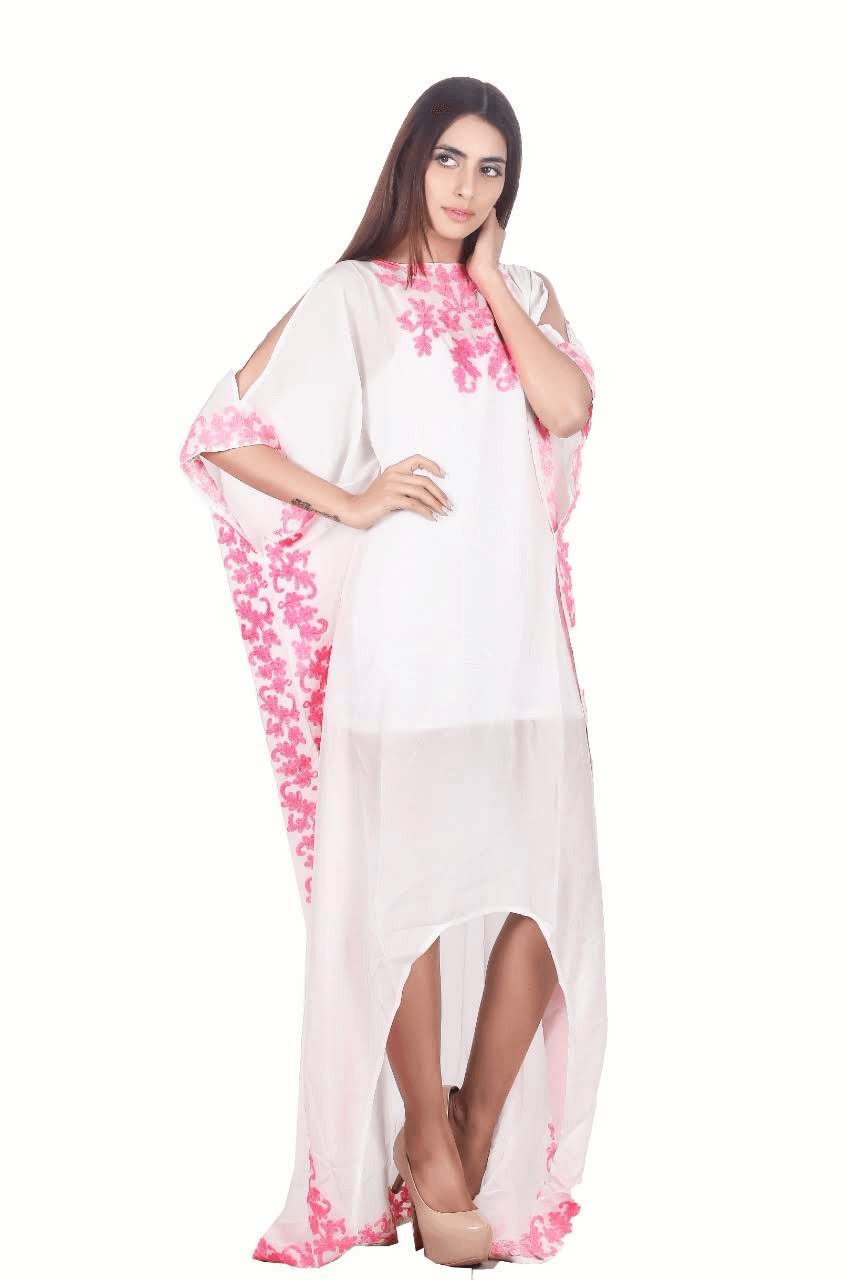 WHITE AND PINK EMBROIDERED ORGANZA KAFTAN