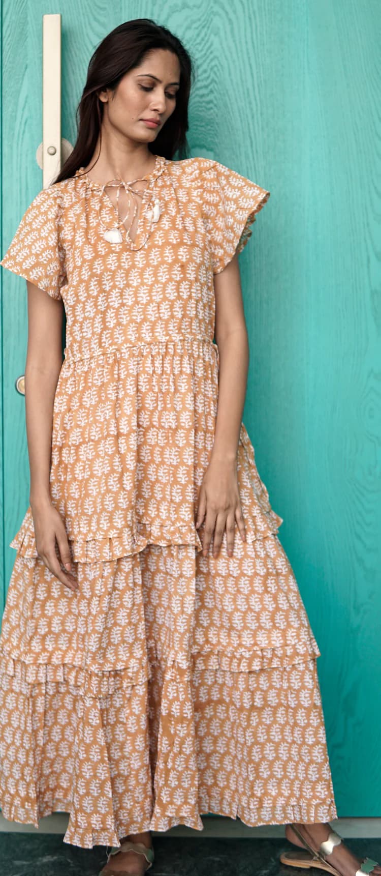 MUSTURD YELLOW BLOCK PRINTED COTTON SUMMER MAXI TIRED  DRESS