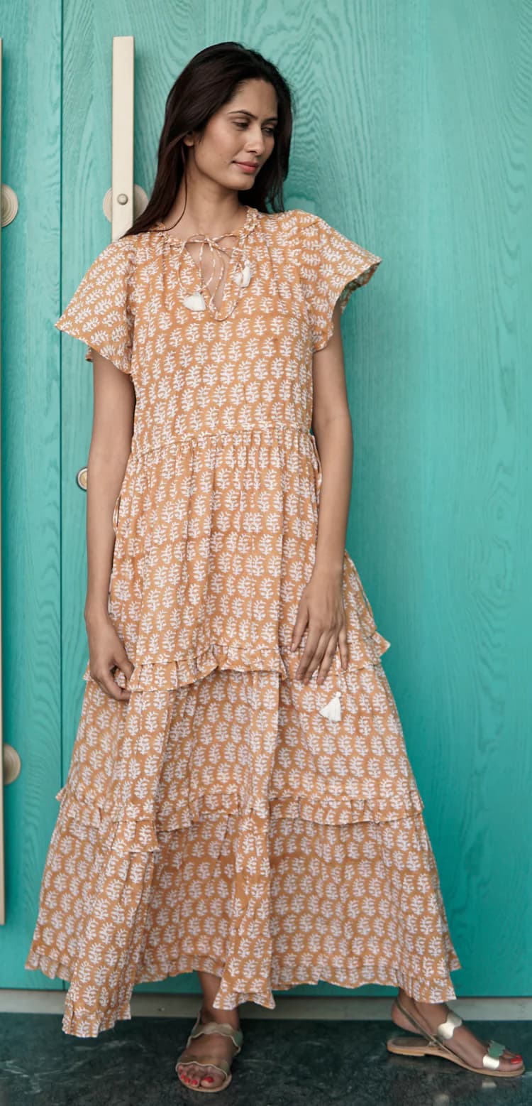 MUSTURD YELLOW BLOCK PRINTED COTTON SUMMER MAXI TIRED  DRESS
