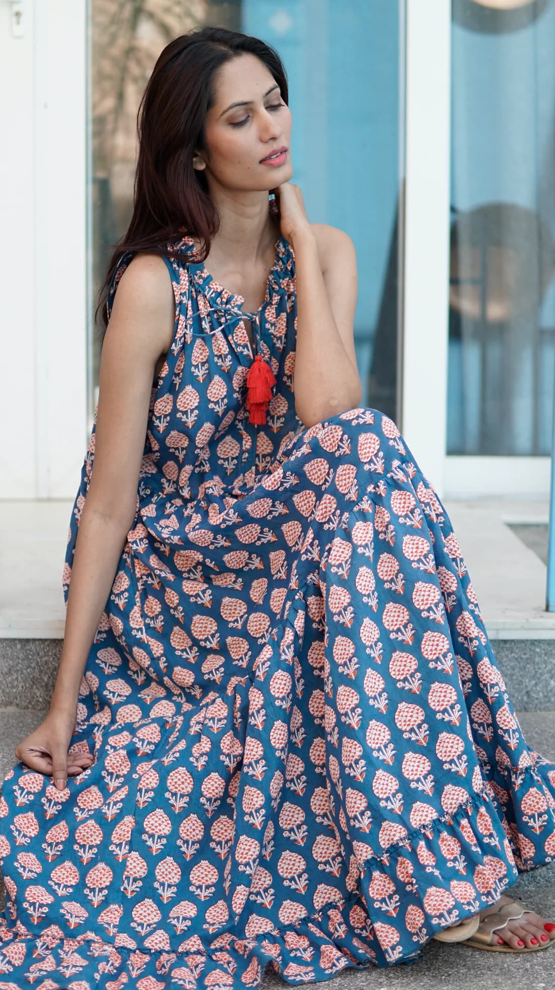 COTTON PRINTED SUMMER BEACH MAXI DRESS