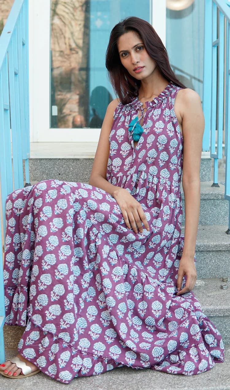 COTTON PRINTED SUMMER BEACH MAXI DRESS