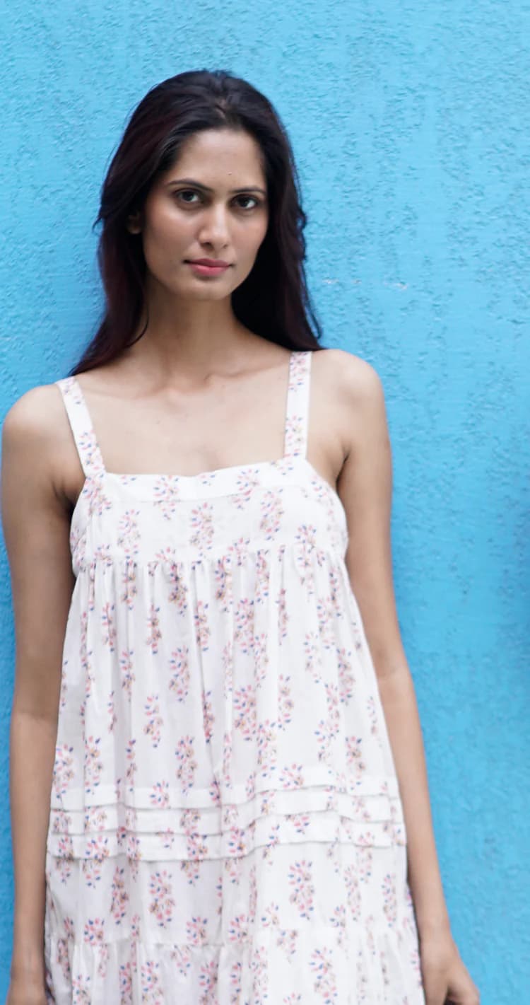 WHITE COTTON BLOCK  PRINTED SUMMER BEACH MAXI DRESS
