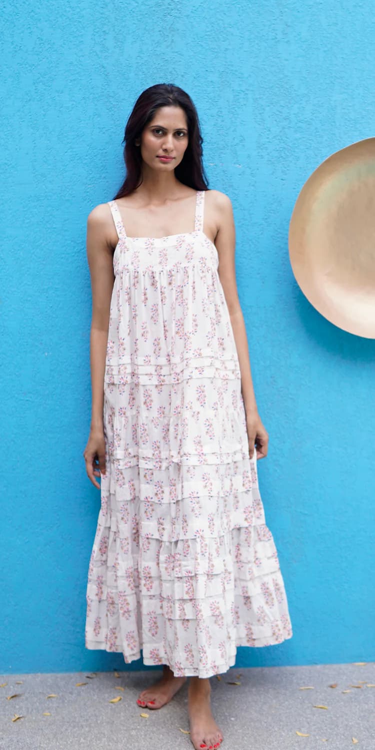WHITE COTTON BLOCK  PRINTED SUMMER BEACH MAXI DRESS
