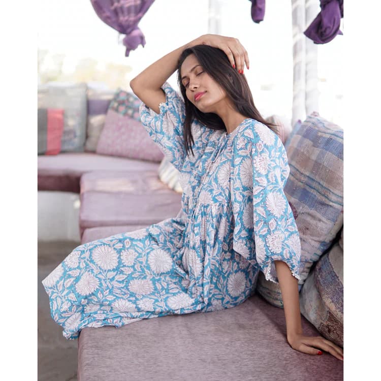 TURQ COTTON BLOCK  PRINTED SUMMER  MIDDI DRESS