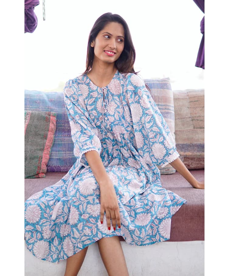 TURQ COTTON BLOCK  PRINTED SUMMER  MIDDI DRESS