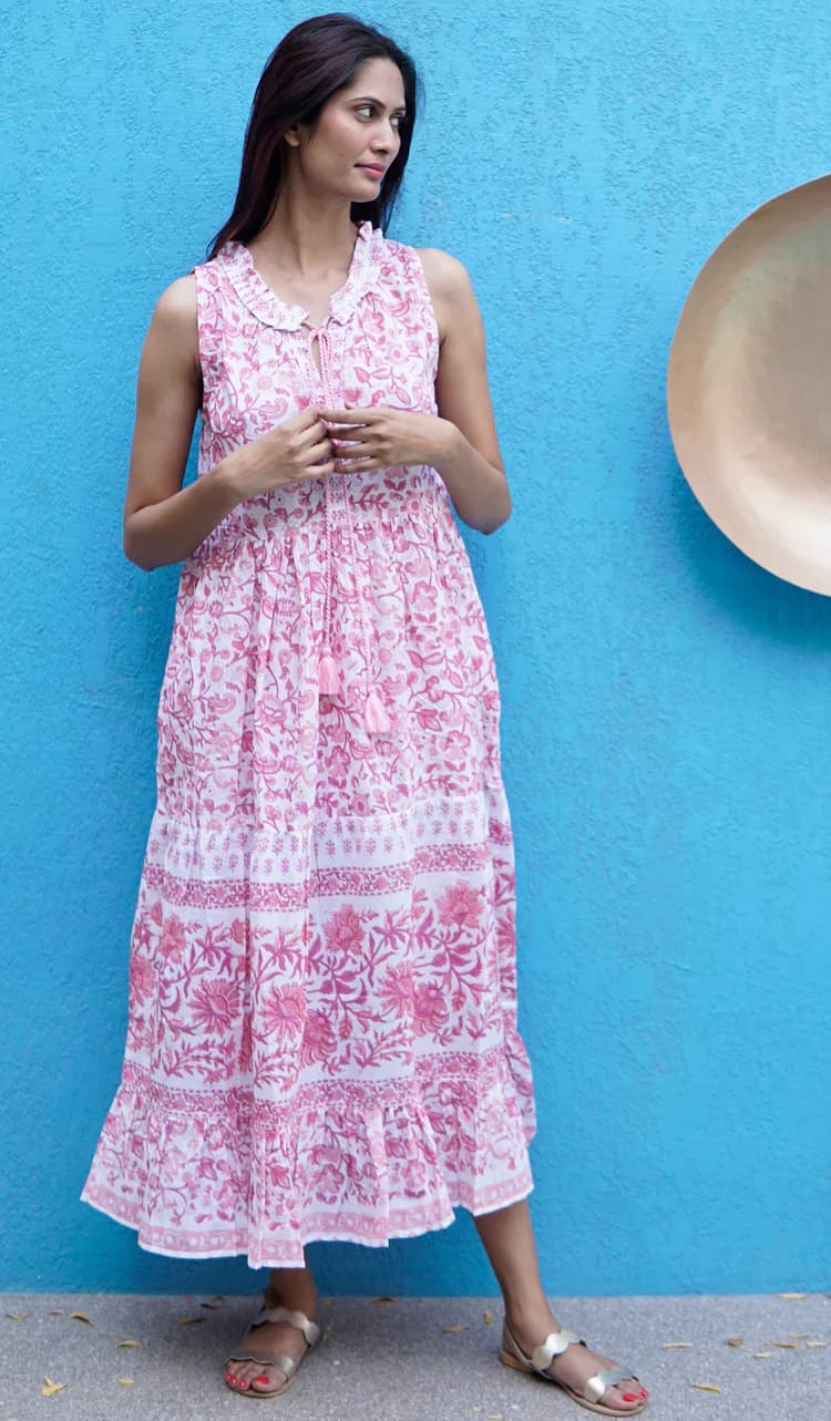 PINK WHITE COTTON PRINTED SUMMER BEACH MAXI DRESS