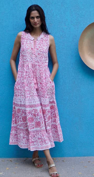 PINK WHITE COTTON PRINTED SUMMER BEACH MAXI DRESS