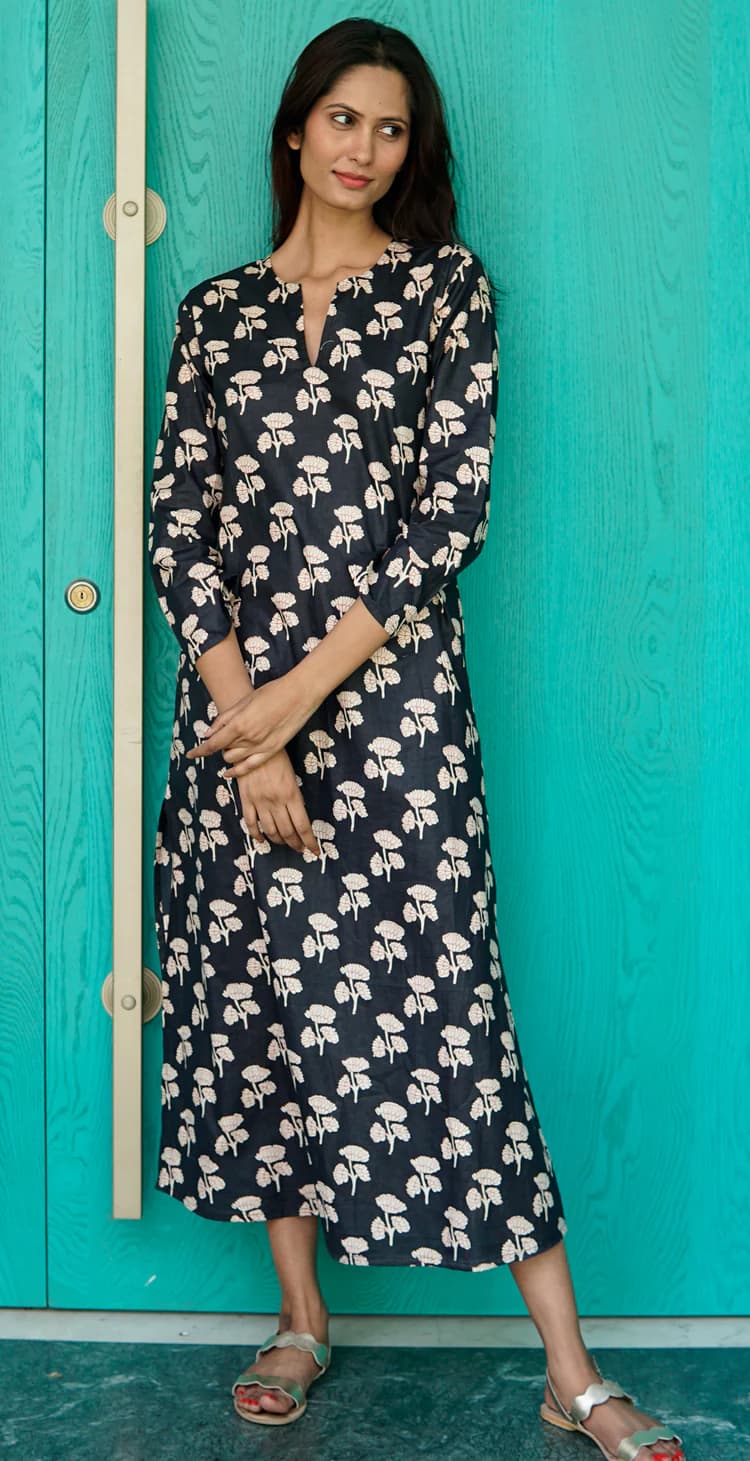 COTTON PRINTED V NECK BEACH KAFTAN