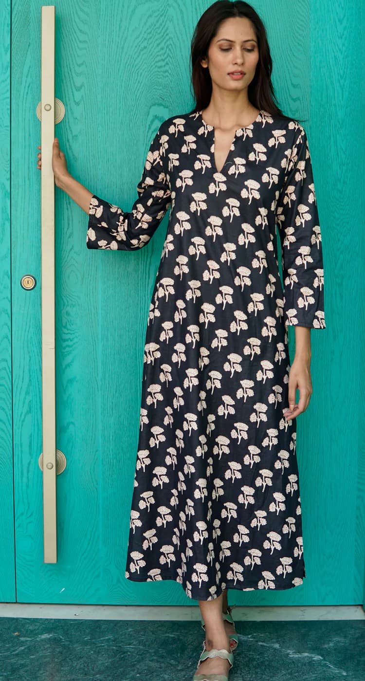 COTTON PRINTED V NECK BEACH KAFTAN