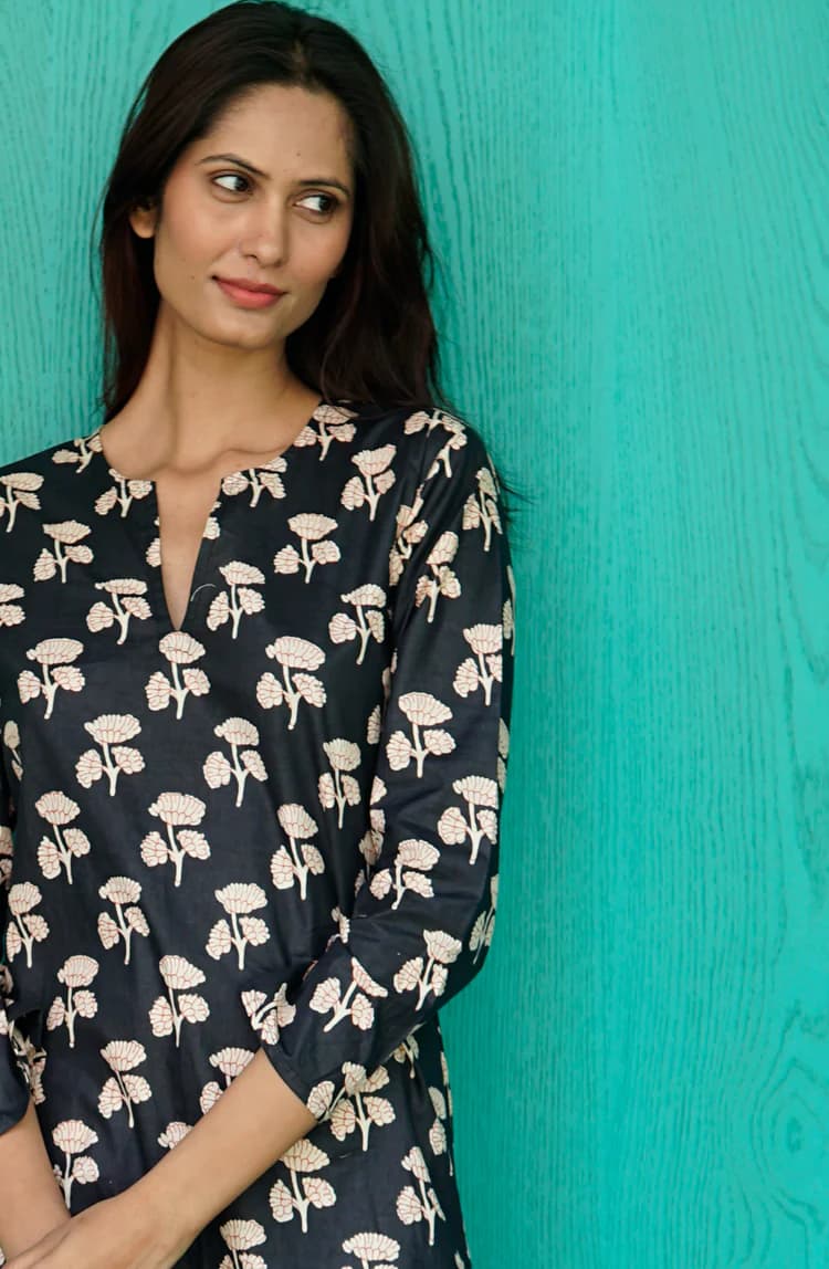 COTTON PRINTED V NECK BEACH KAFTAN