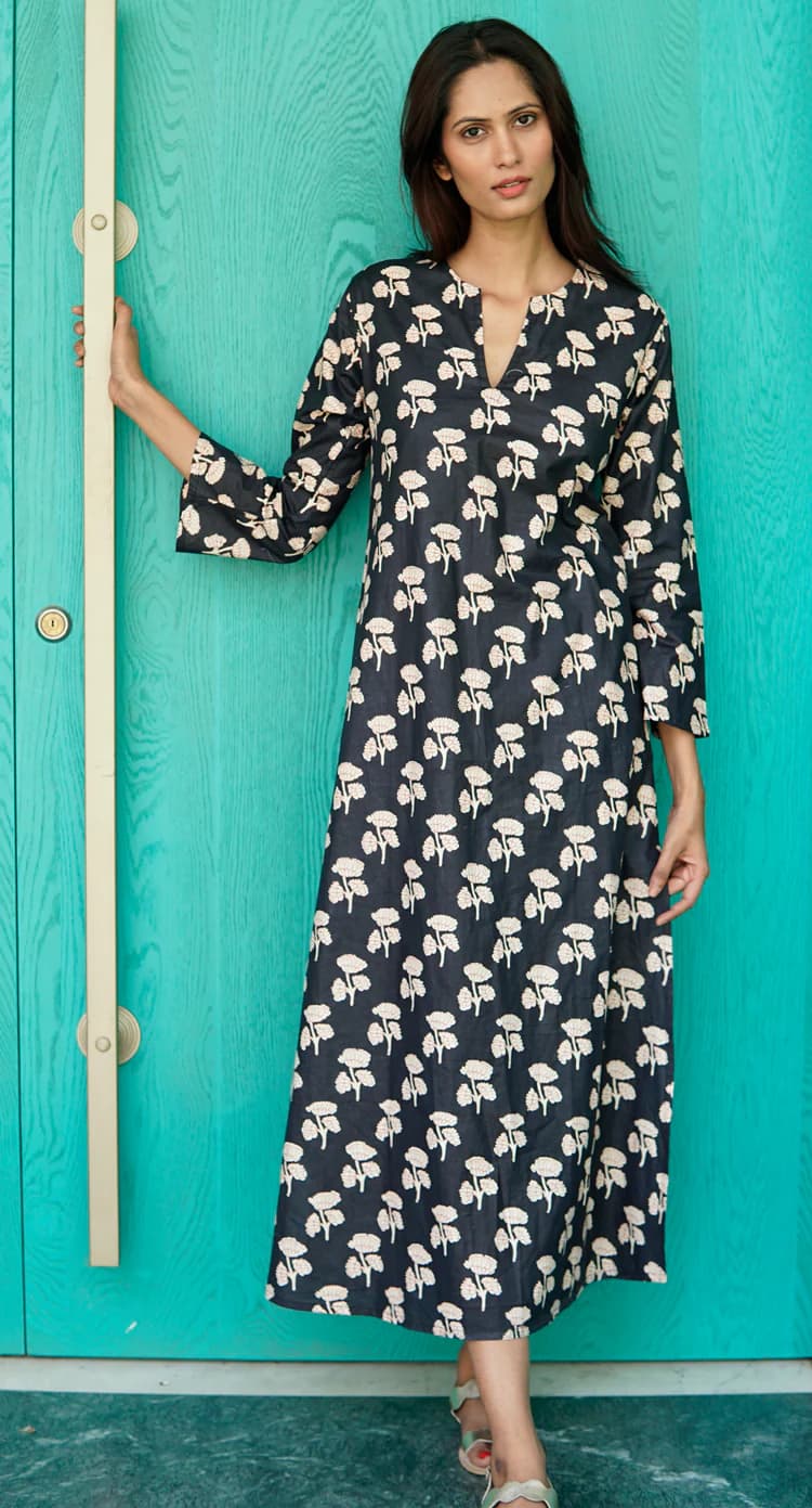 COTTON PRINTED V NECK BEACH KAFTAN