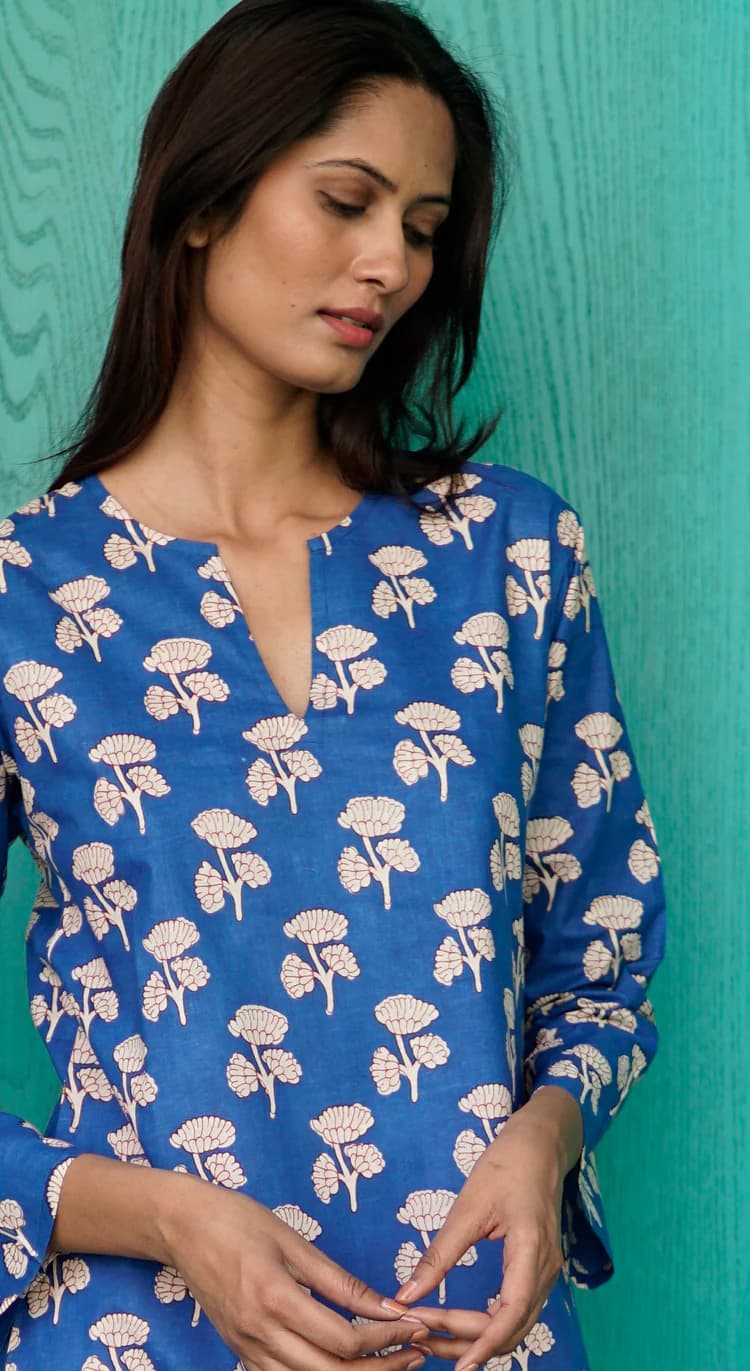 COTTON PRINTED V NECK BEACH KAFTAN