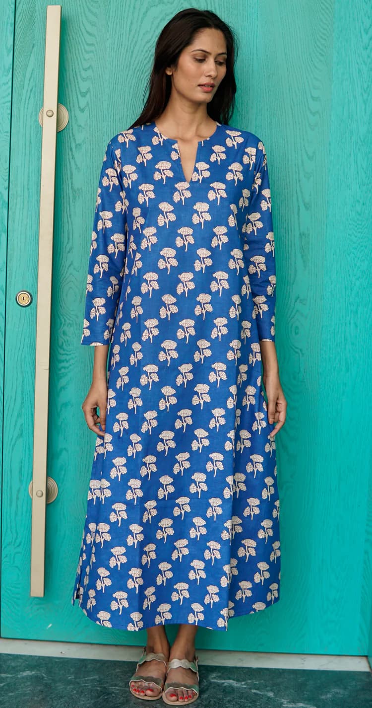 COTTON PRINTED V NECK BEACH KAFTAN