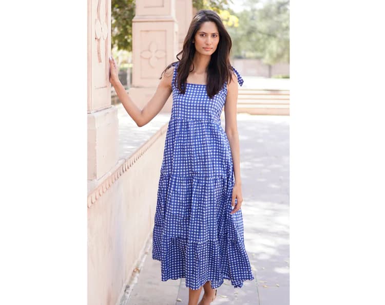 BLUE WHITE GINGHAM DESIGN COTTON SUMMER BEACH MAXI DRESS