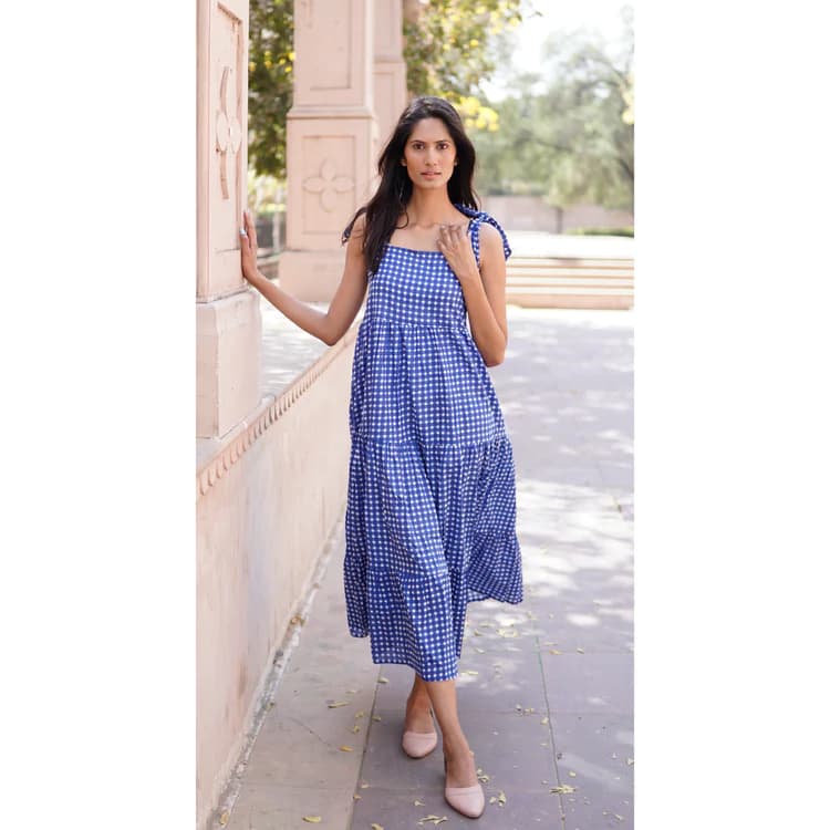 BLUE WHITE GINGHAM DESIGN COTTON SUMMER BEACH MAXI DRESS