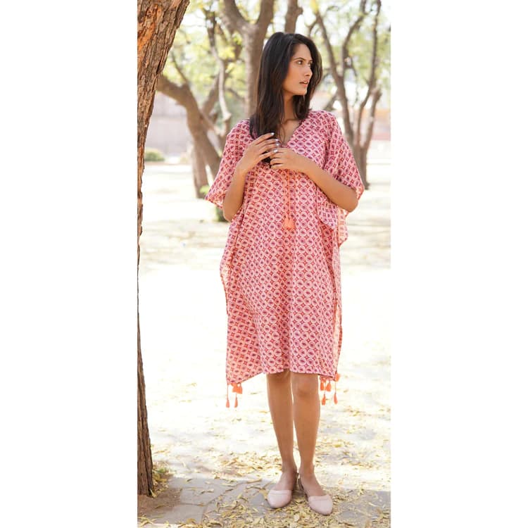 PINK PURPLE AND WHITE COTTON PRINTED SUMMER BEACH KAFTAN