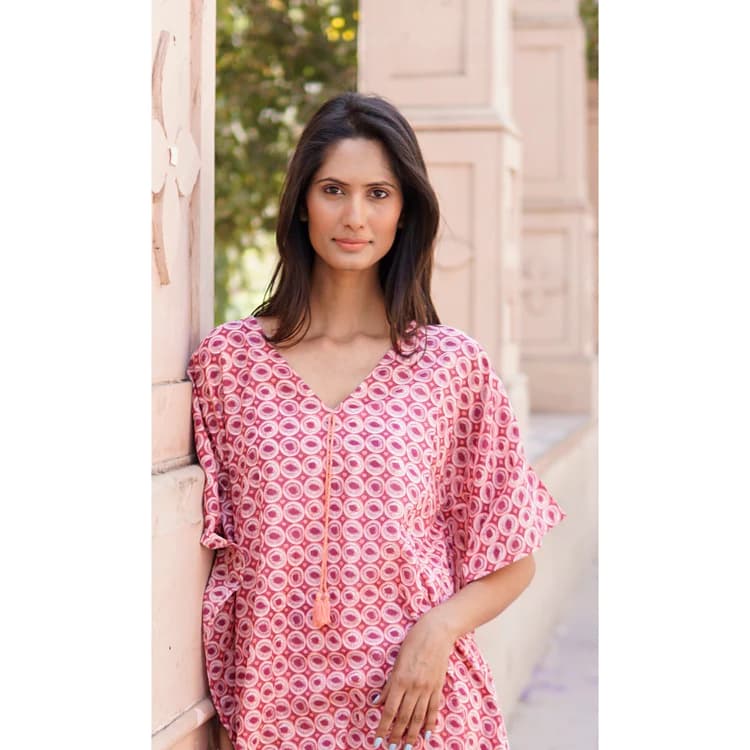 PINK PURPLE AND WHITE COTTON PRINTED SUMMER BEACH KAFTAN