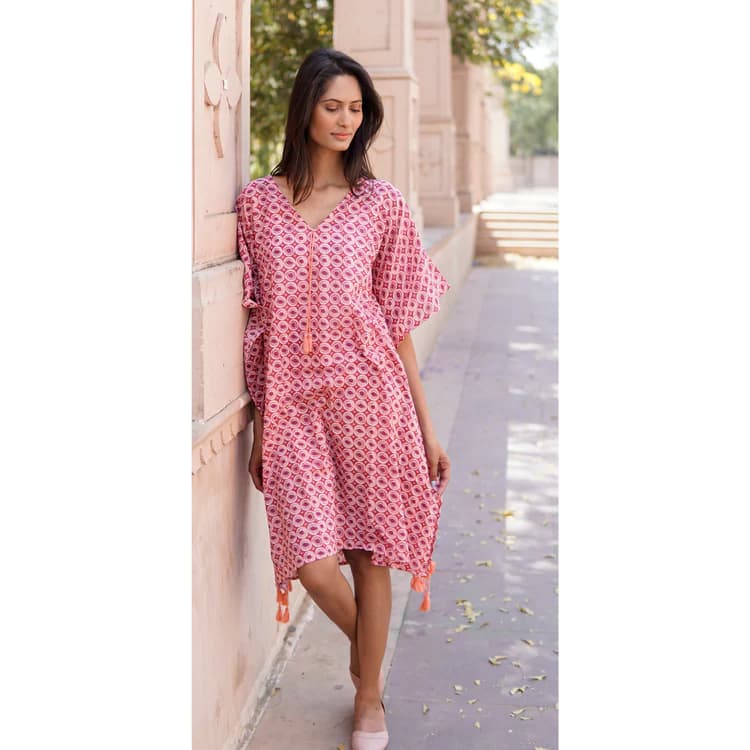 PINK PURPLE AND WHITE COTTON PRINTED SUMMER BEACH KAFTAN