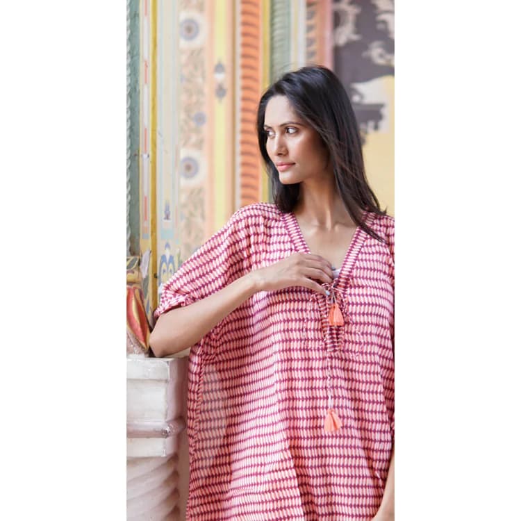 PINK PURPLE AND WHITE COTTON STRIPES DESIGN SUMMER BEACH KAFTAN
