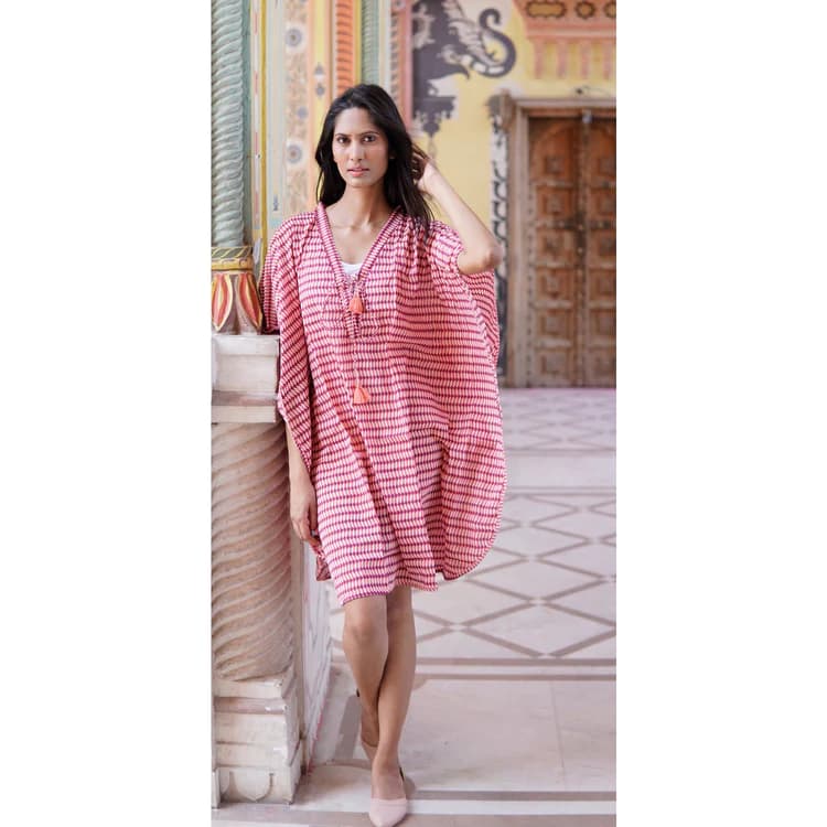 PINK PURPLE AND WHITE COTTON STRIPES DESIGN SUMMER BEACH KAFTAN