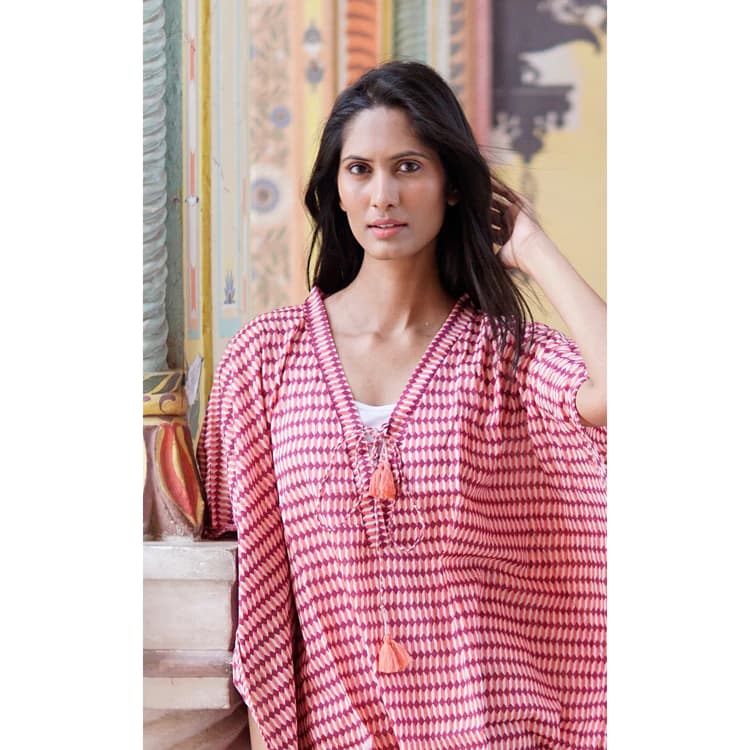 PINK PURPLE AND WHITE COTTON STRIPES DESIGN SUMMER BEACH KAFTAN