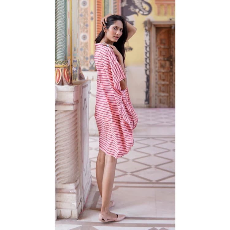 PINK PURPLE AND WHITE COTTON STRIPES DESIGN SUMMER BEACH KAFTAN