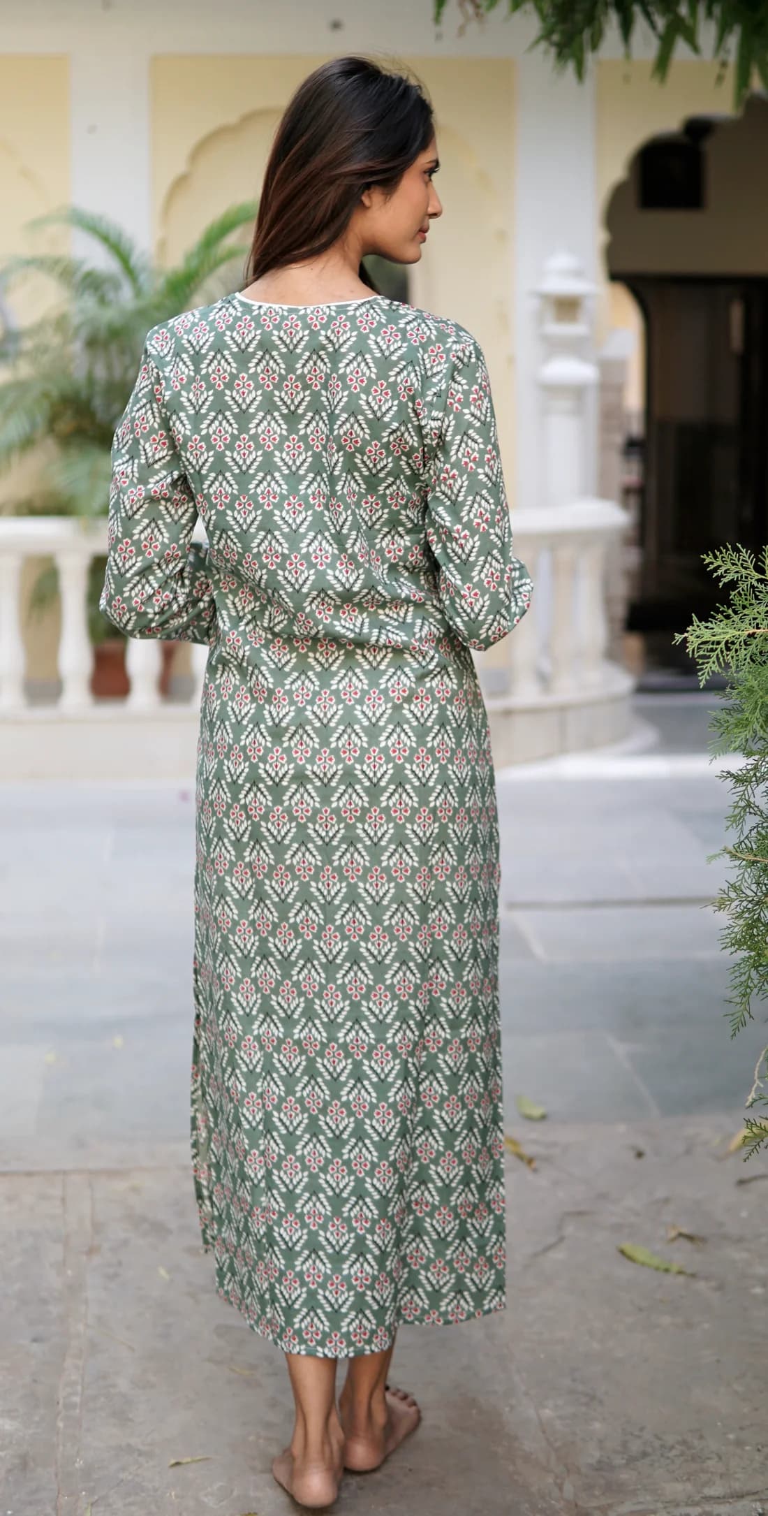 GREEN COTTON BLOCK PRINTED SPLIT V NECK BEACH KAFTAN