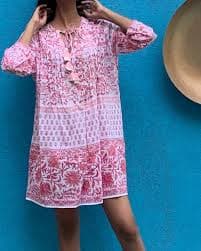 PINK WHITE BLOCK PRINTED BOHO SUMMER BEACH TUNIC