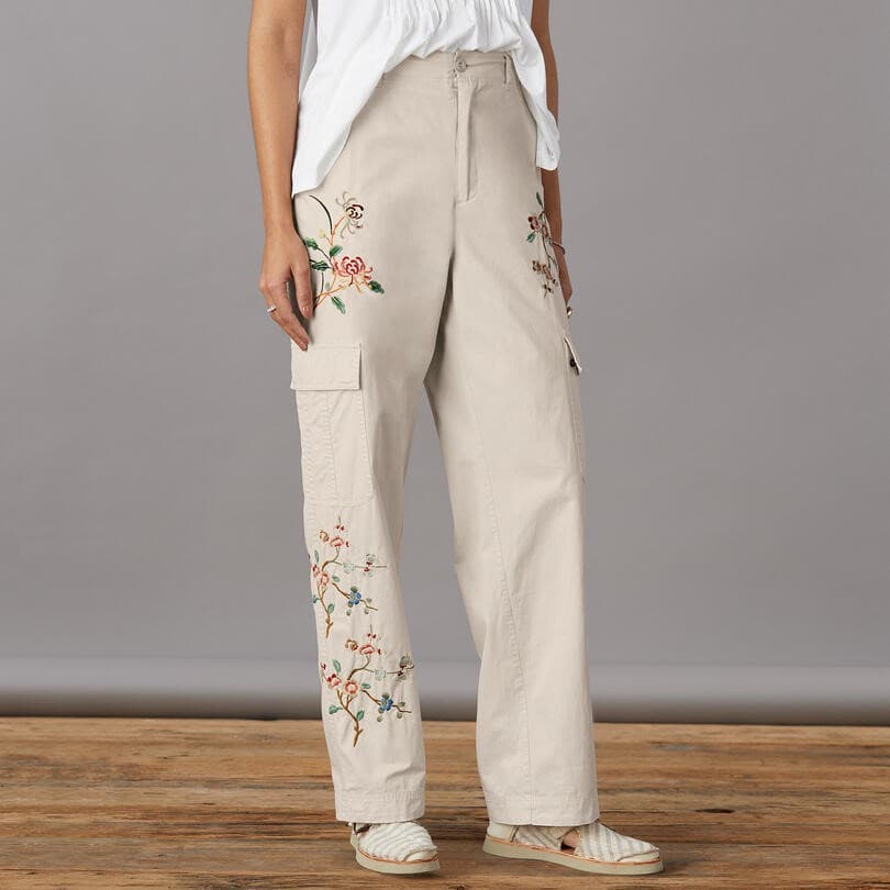 STONE COLOUR FLOWER EMBROIDERD PANT