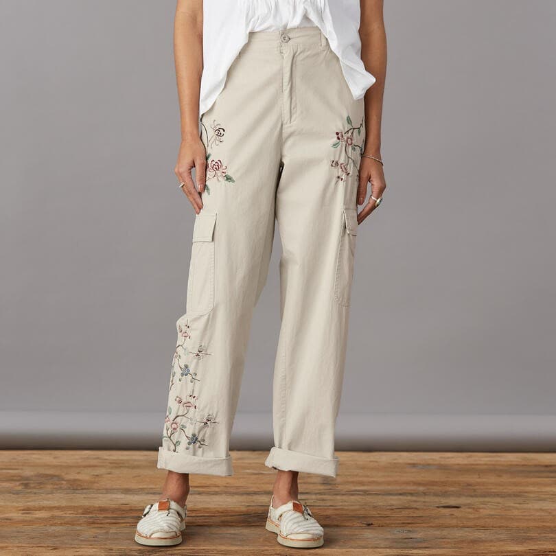 STONE COLOUR FLOWER EMBROIDERD PANT