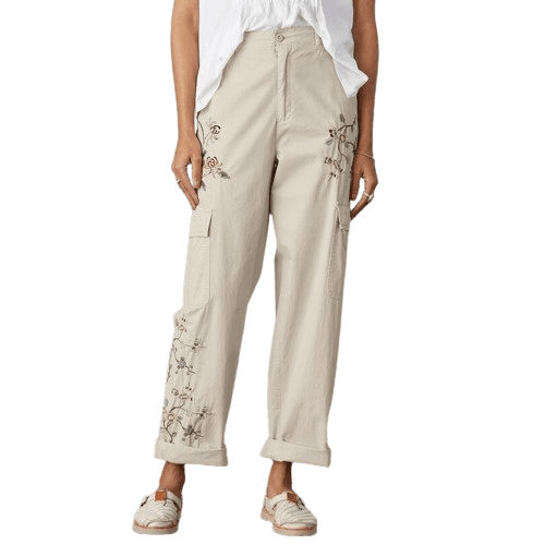 STONE COLOUR FLOWER EMBROIDERD PANT